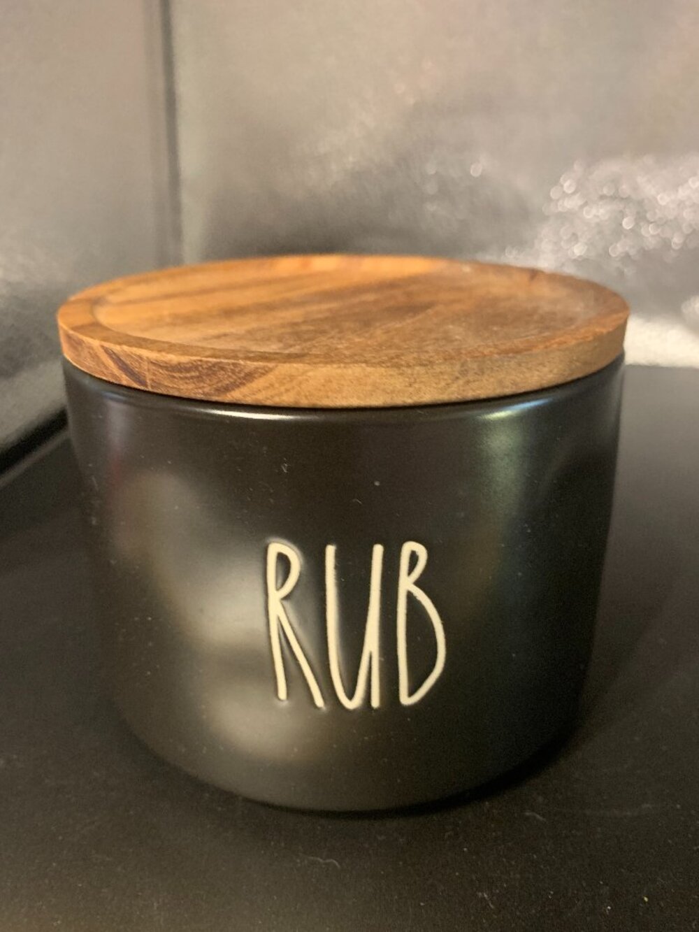 Rae Dunn Black Ceramic "Rub" Canister W Wooden Lid